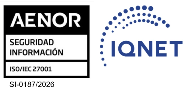 Marca AENOR de Seguridad de la Información ISO/IEC 27001, certificado SI-0187/2026, con reconocimiento IQNet