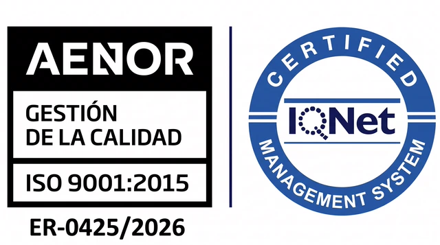 Marca AENOR de Gestión de la Calidad ISO 9001:2015, certificado ER-0425/2026, con sello IQNet Certified Management System